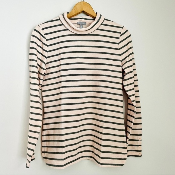 T by Talbots Funnel Neck Striped Top Waffle Blush Pink Olive Green - Picture 1 of 6